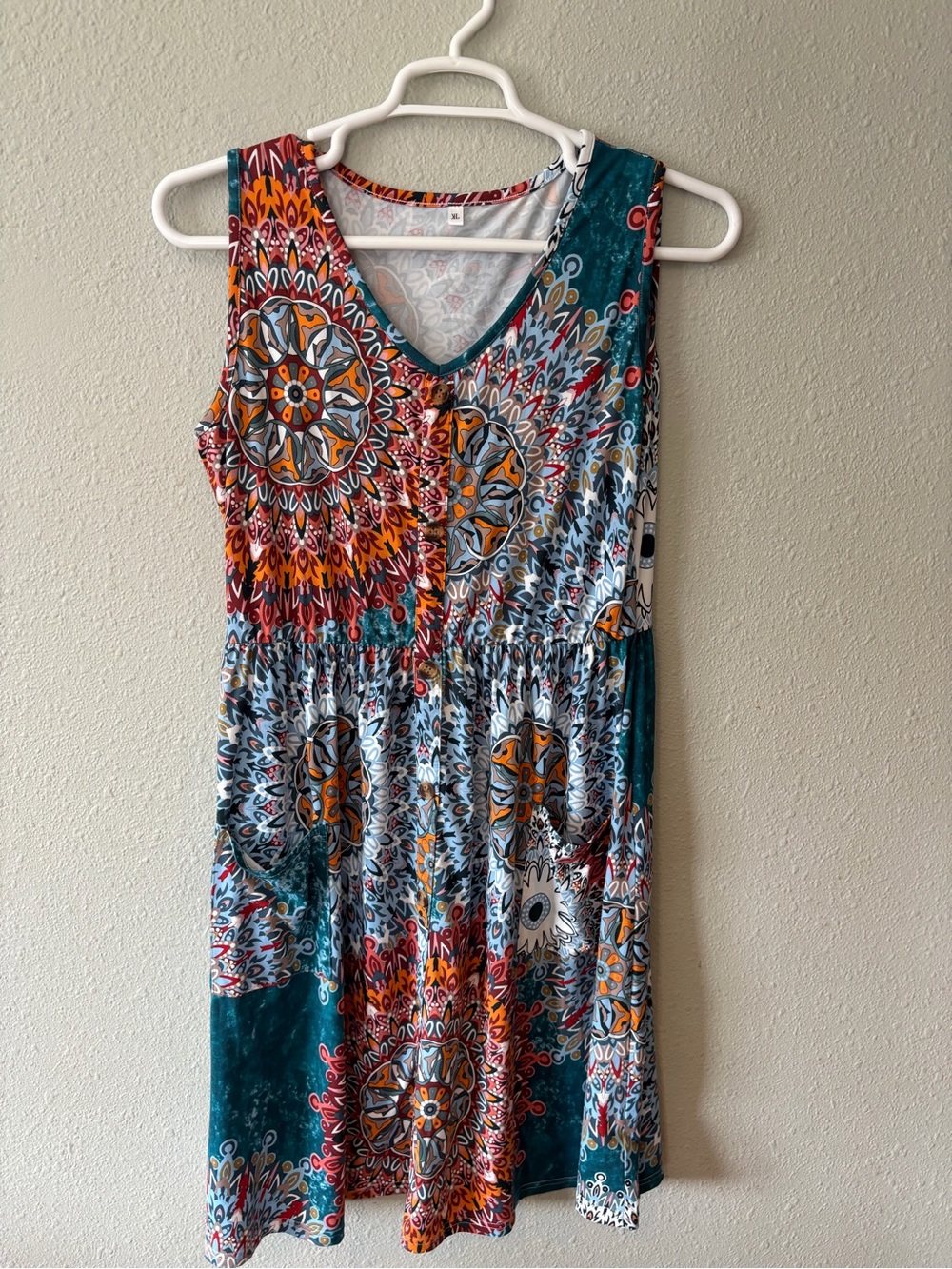 Sleeveless Teal & Multicolor Boho Print Dress